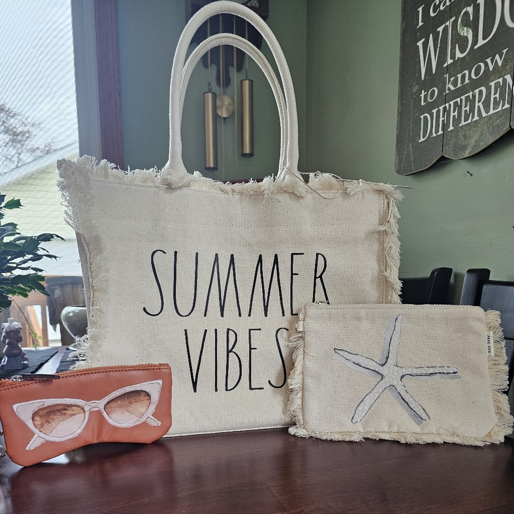 Rae Dunn Bundle NWT Beach Tote, sunglasses pouch, and small zip pouch.